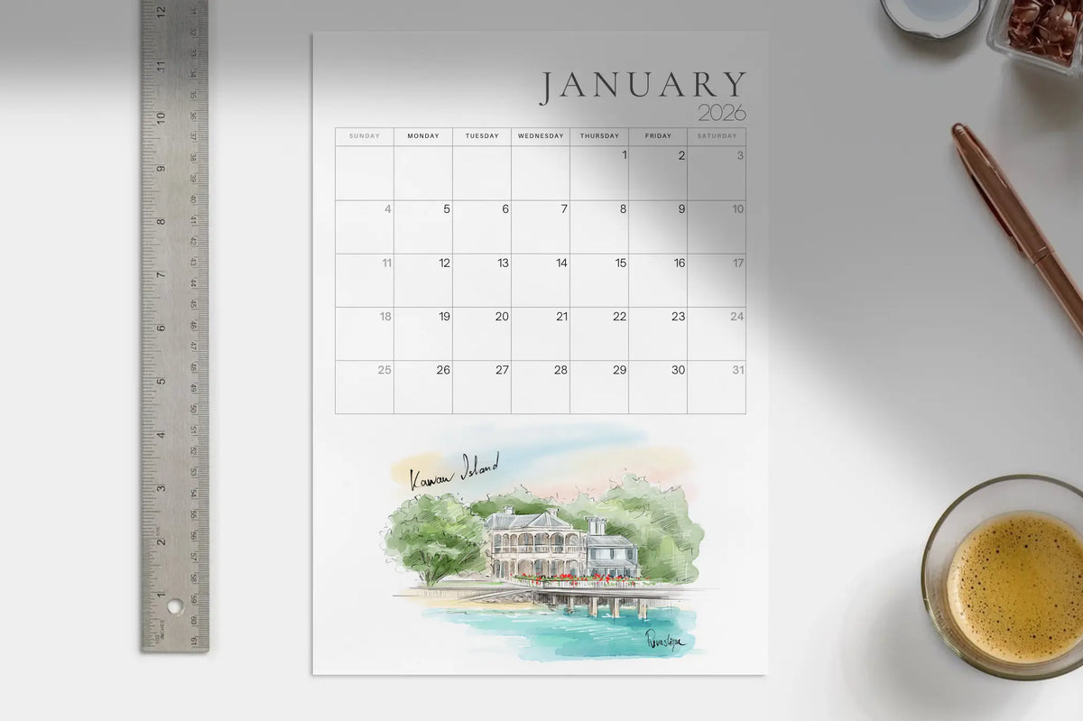 2026 printable calendar with New Zealand art illustration on a white desk, showing monthly planner layout with notes and to‑do list design for home or office digital PDF download