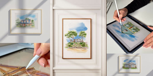 Watercolour house portrait illustrations by Revastique – custom home portrait gifts for New Zealand homeowners