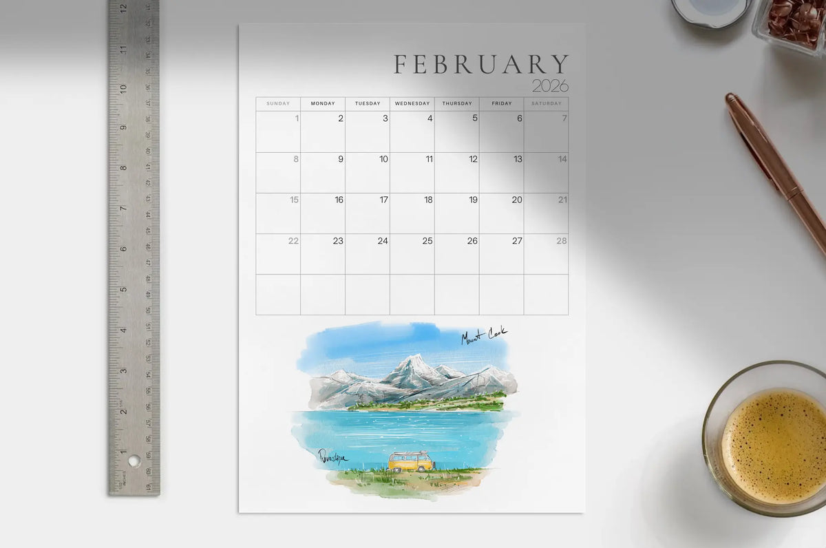 February 2026 printable calendar with New Zealand mountain landscape art on a white desk, styled with ruler and coffee cup, minimalist wall calendar PDF for home and office decor and planning