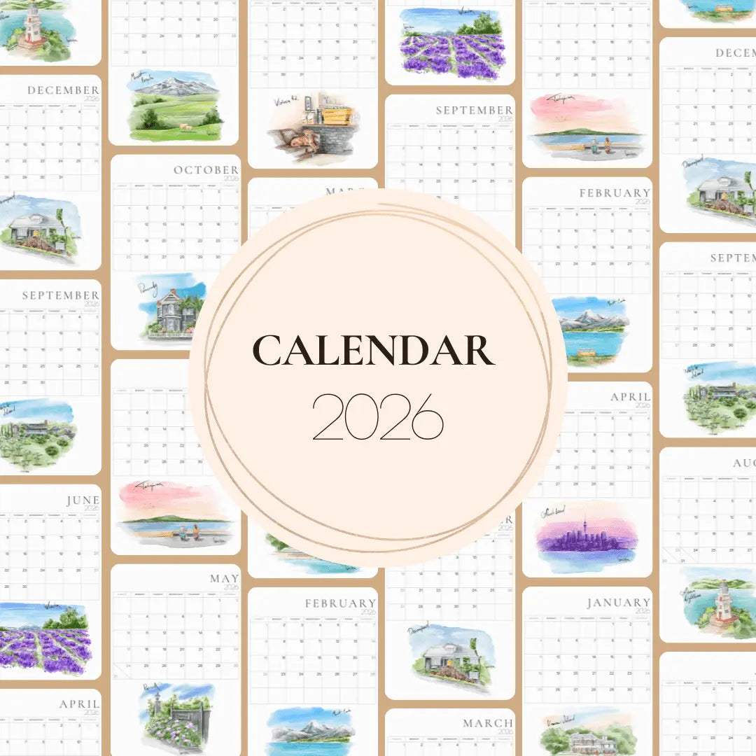 2026 printable calendar with New Zealand city and nature illustrations on a white background, modern square wall calendar design by Revastique for home and office planning