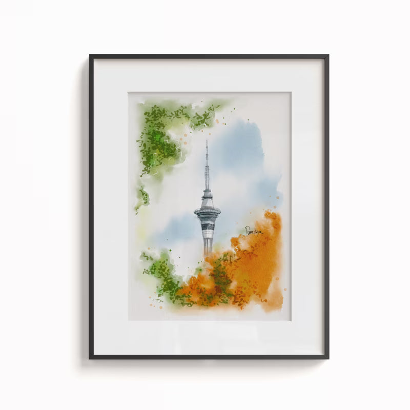 Auckland Sky Tower watercolour art print in black frame – New Zealand wall art by Revastique