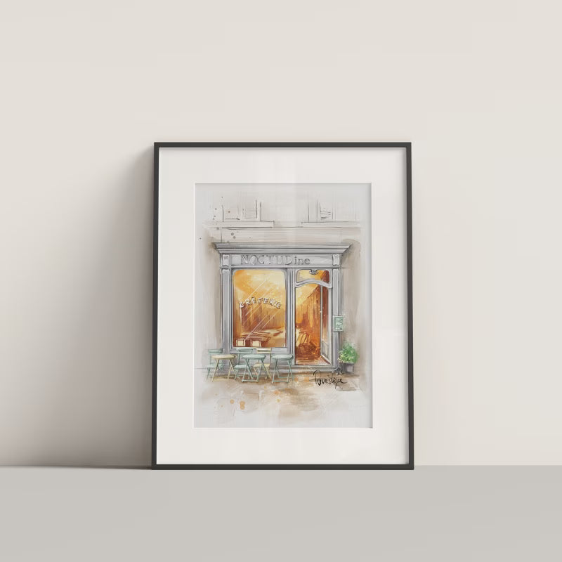Framed watercolour café illustration – custom Auckland restaurant or business portrait by Revastique