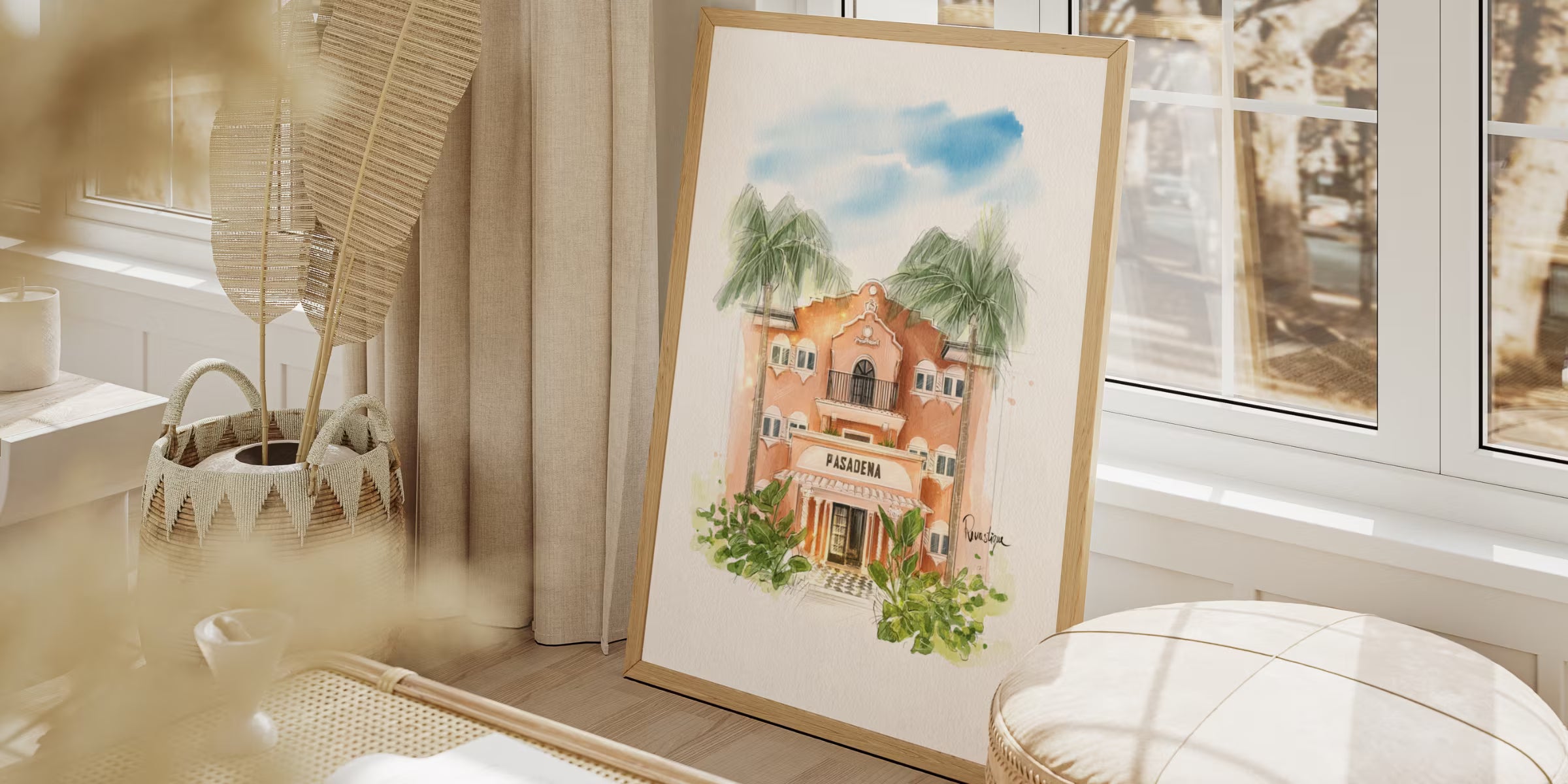 Framed watercolour art print of Pasadena Sydney displayed in boho living room — Revastique