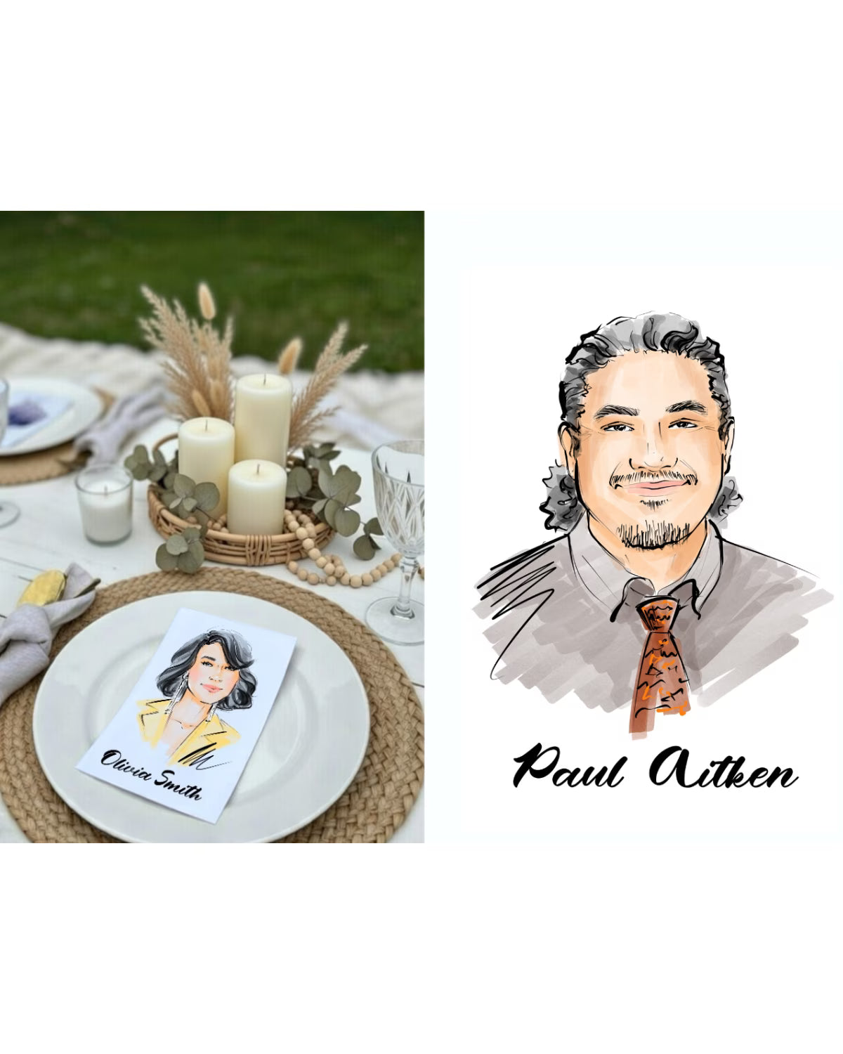 Custom illustrated portrait place cards on a corporate event table setting — Revastique Auckland