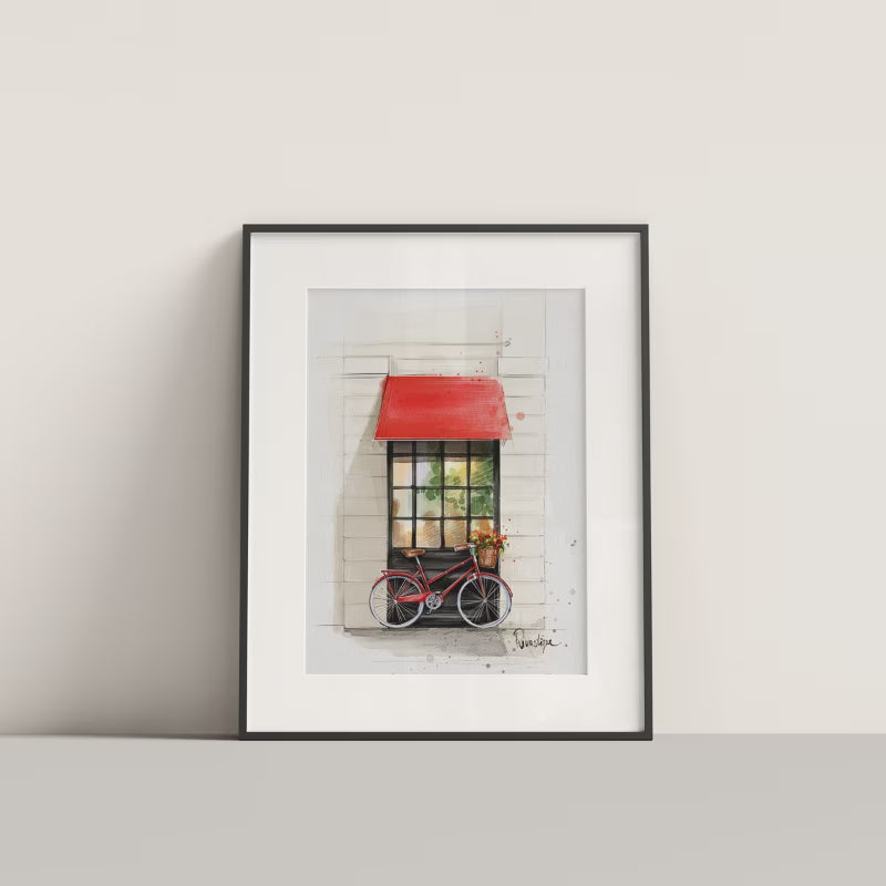 Framed watercolour illustration of a house frontage with red awning and bicycle – art print by Revastique Auckland