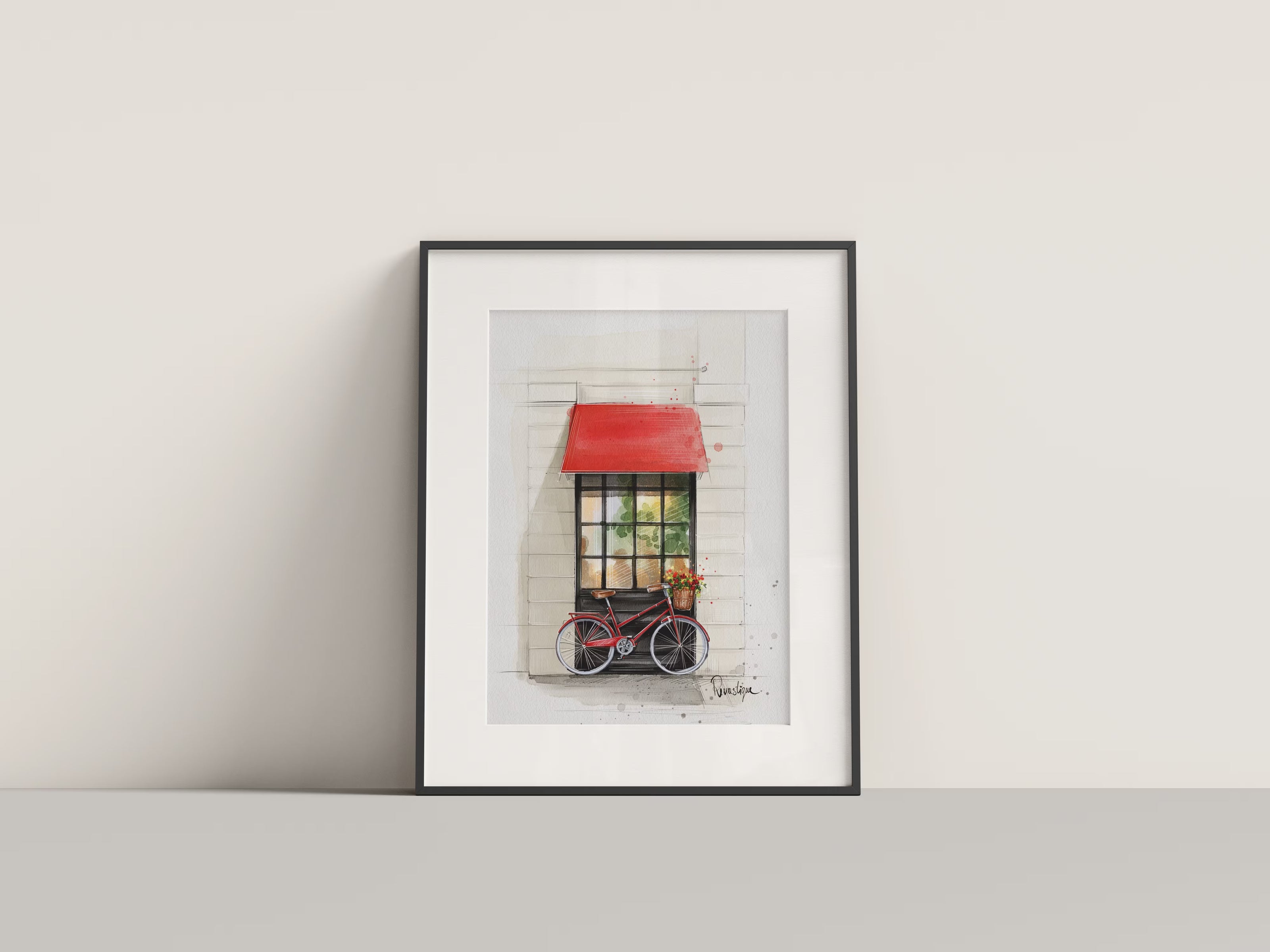 Framed watercolour illustration of a charming house facade with red awning, black window and red bicycle with flower basket, original artwork by Revastique Auckland New Zealand