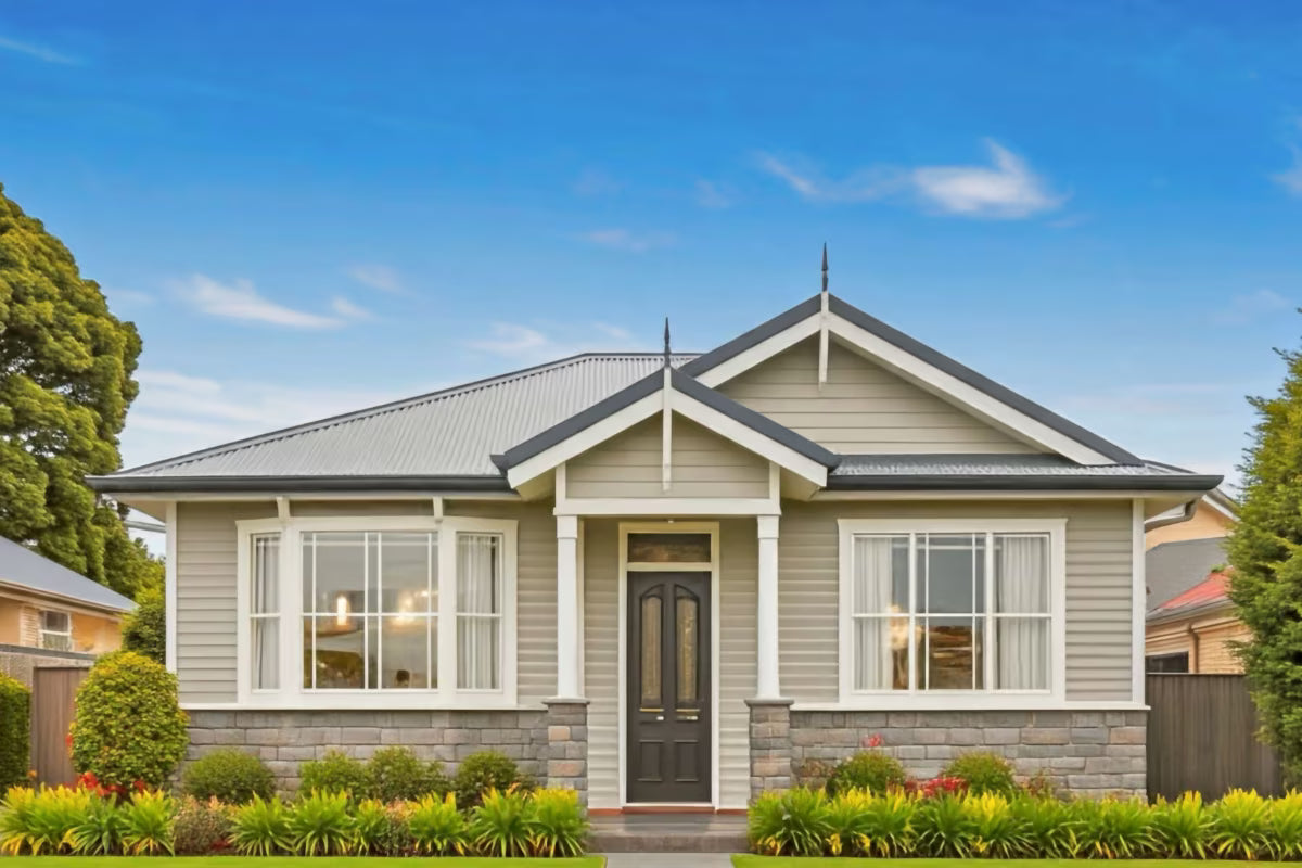 Digital house portrait illustration of a modern grey weatherboard home with white trim and garden, created by house portrait artist in Auckland, New Zealand