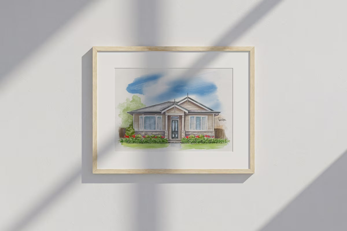 Framed watercolour house portrait illustration of a New Zealand weatherboard home with red garden flowers and blue sky, custom artwork by Revastique Auckland 2026