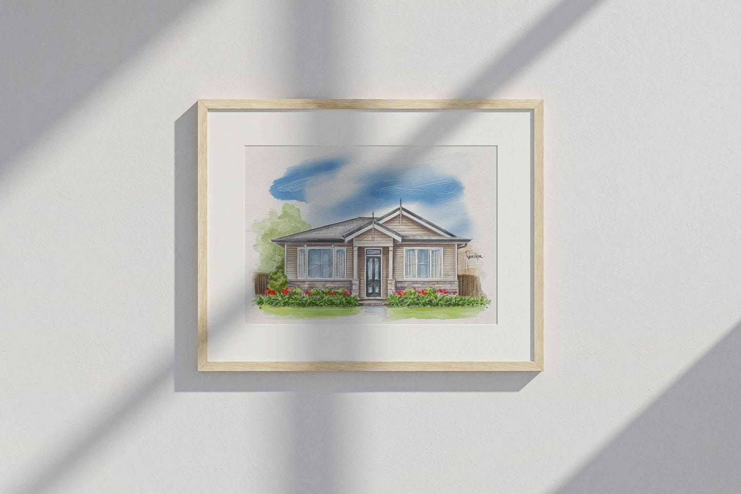 Framed drawn on iPad by hand - digital watercolour house portrait painting of an Auckland home by Revastique