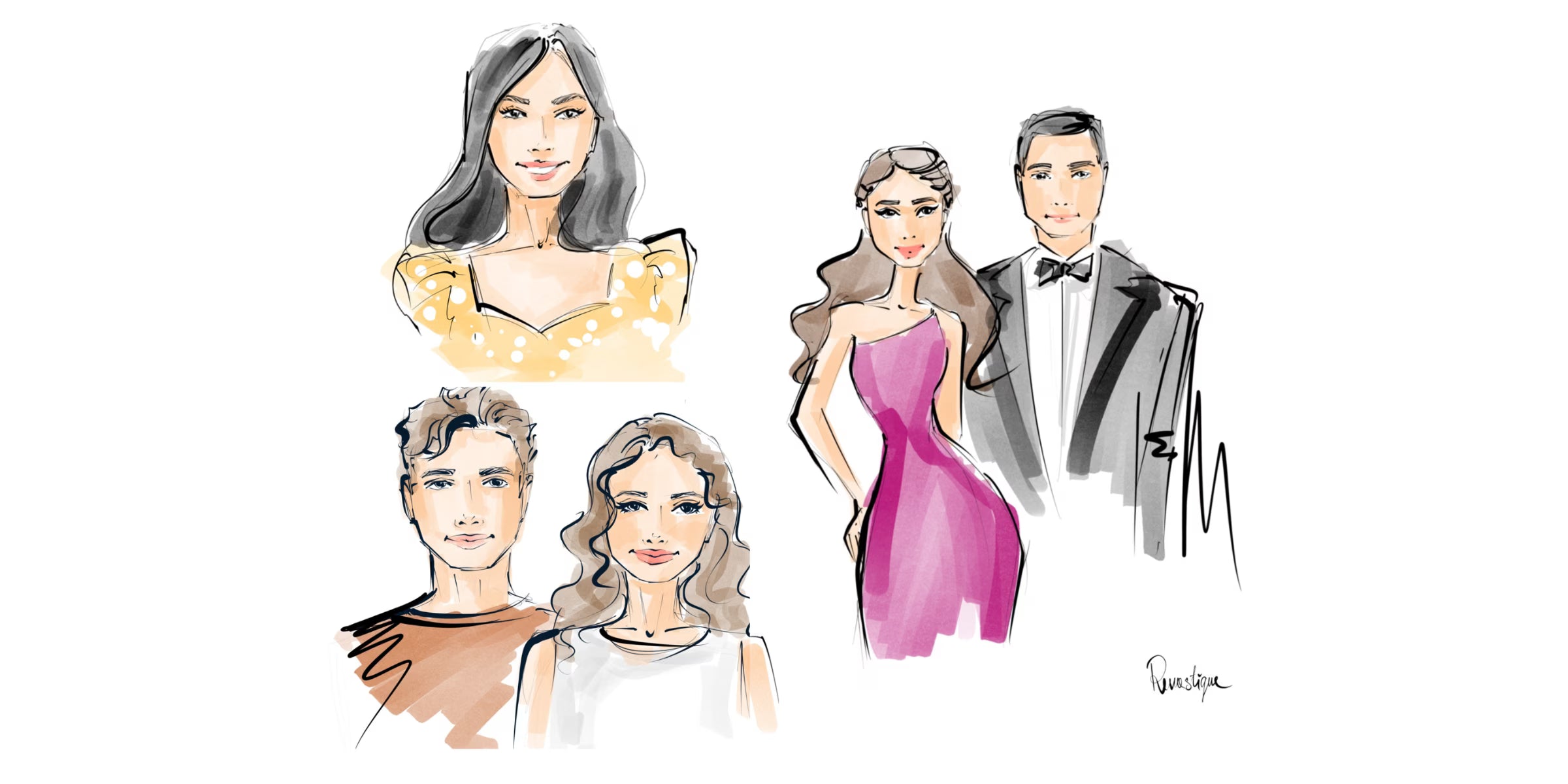 Revastique live event portrait artist — digital watercolour sketch illustrations of couples and guests at formal events