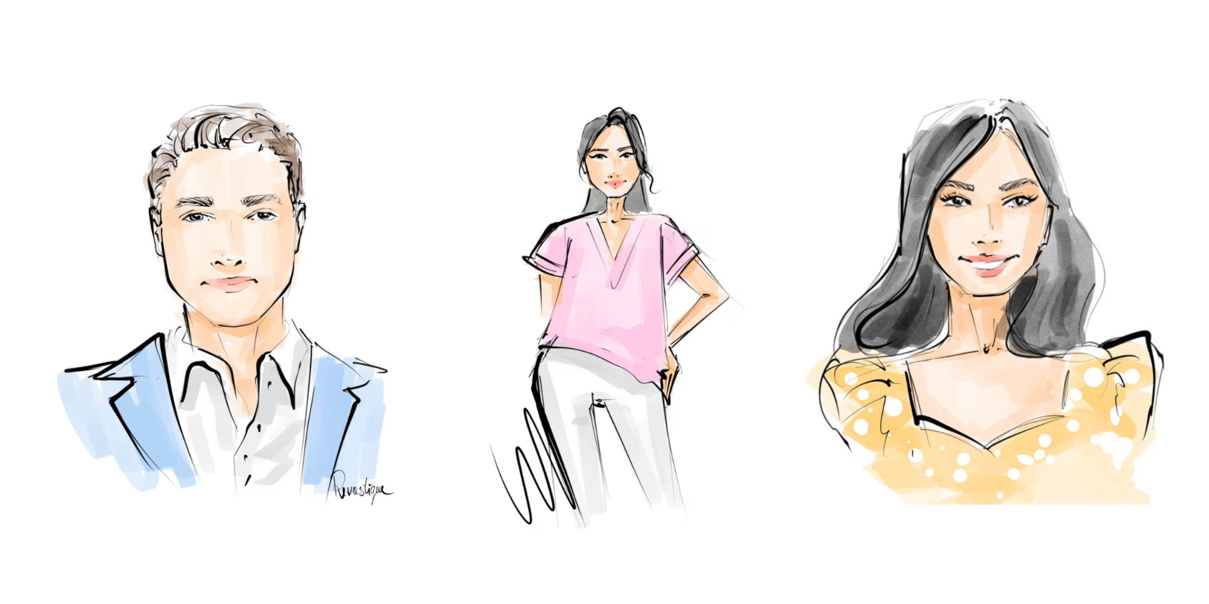Live event guest illustrations by Revastique – fashion-style portrait sketches, Auckland NZ