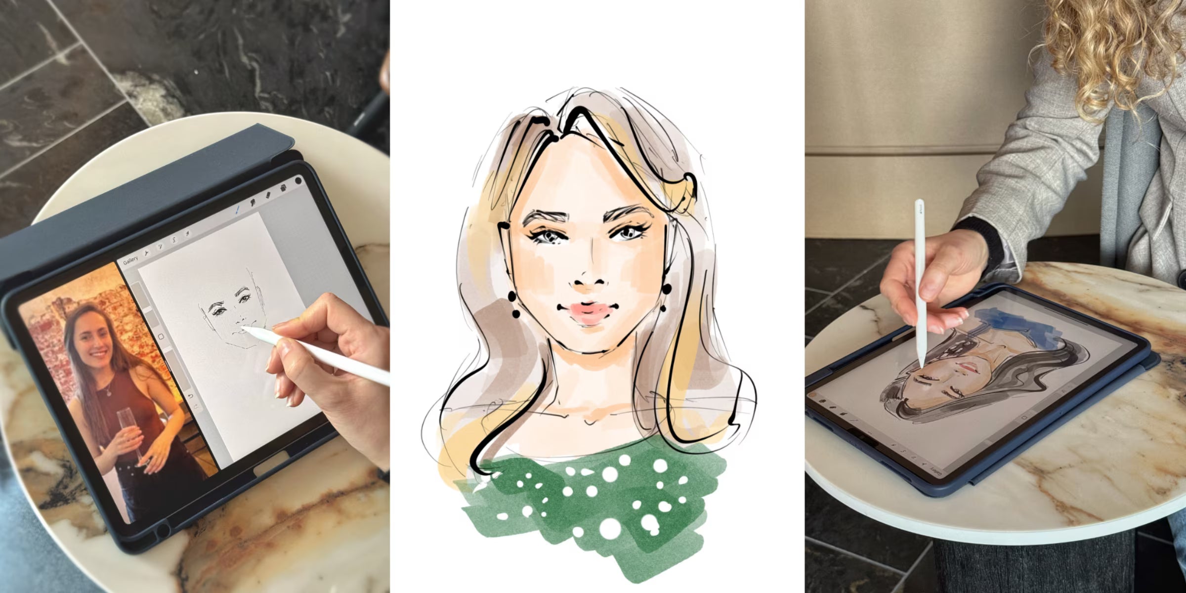 Live guest portrait illustration in Auckland, black and white line art of woman in dress, Revastique live event artist services 