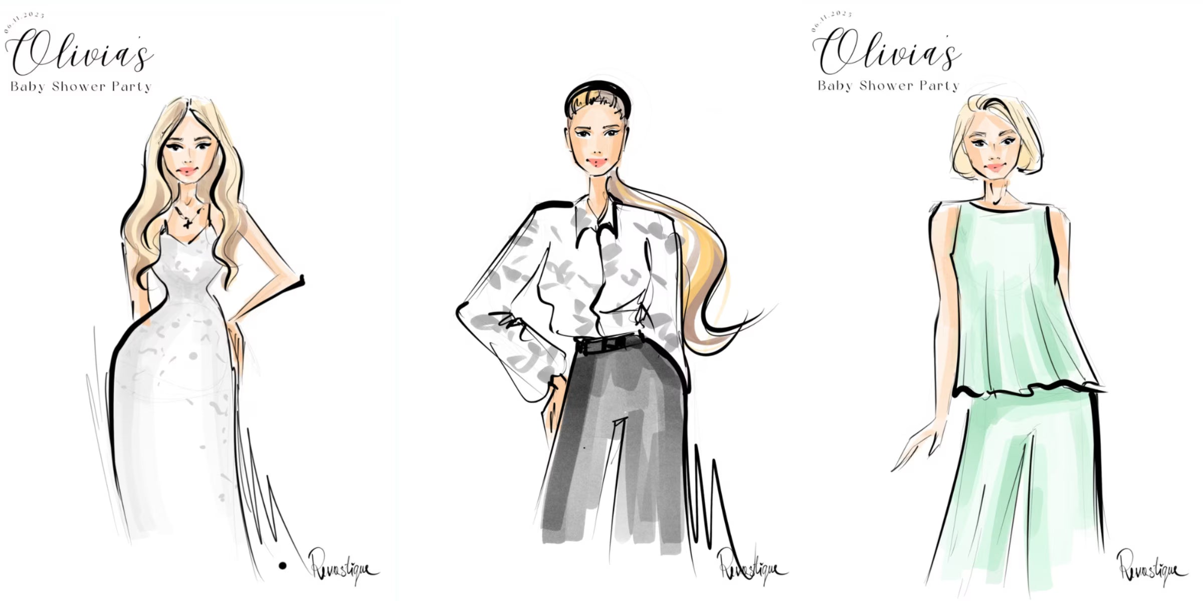 Live guest portrait illustration of three women in stylish outfits, fashion sketch style artwork for Olivia’s baby shower party by Revastique in Auckland, New Zealand
