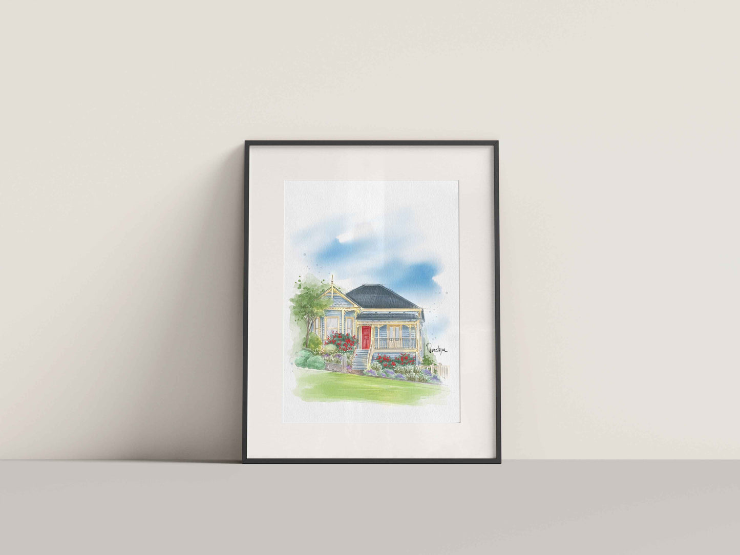 Custom framed watercolour home portrait illustration – personalised New Zealand villa house painting gift by Revastique